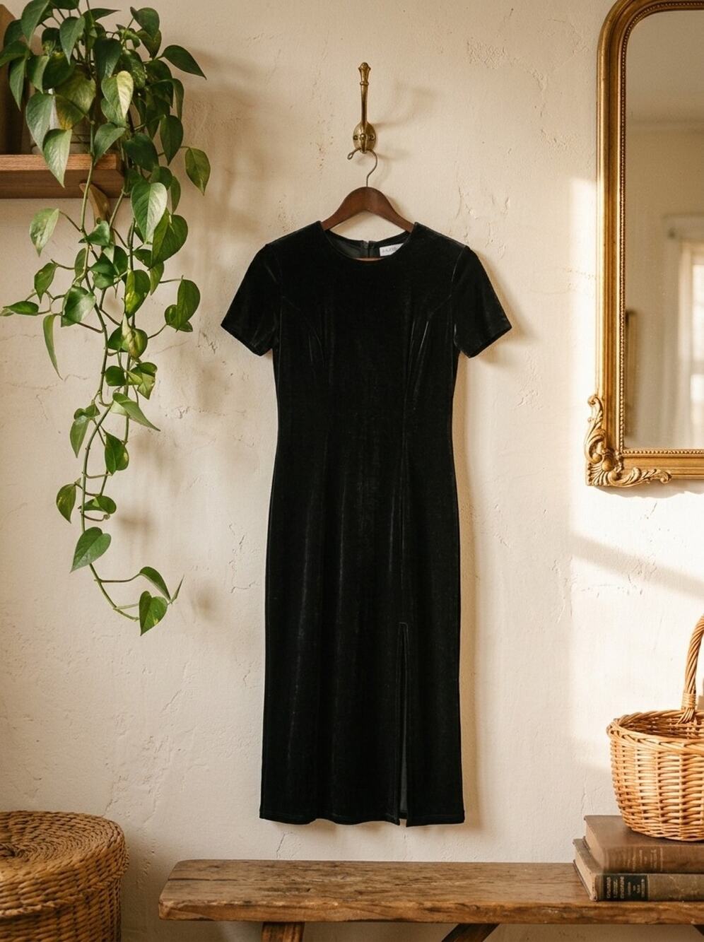 Vintage 90s Scarlett Black Velvet Maxi Dress XS/S Witchy Victorian Goth Elvira